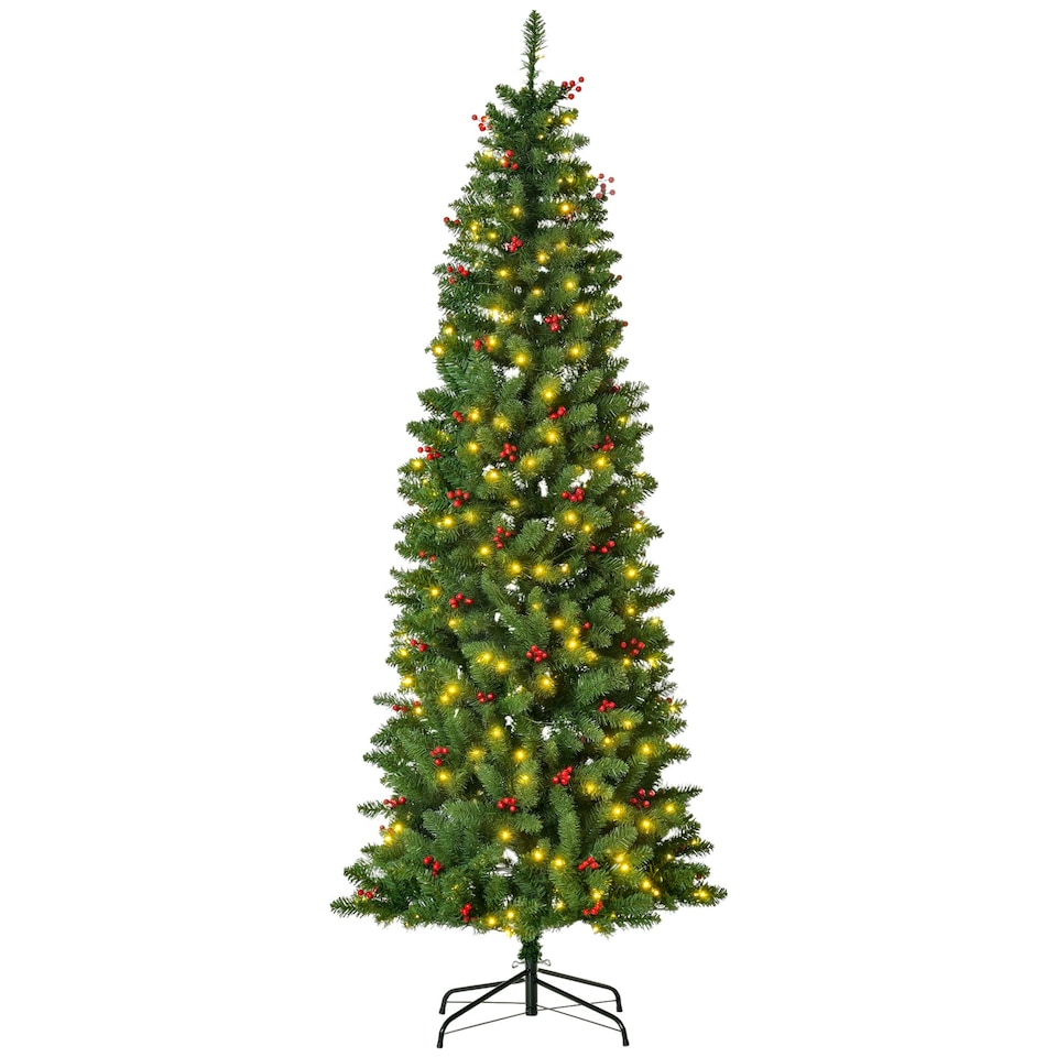 image 1 of HOMCOM 7FT Prelit Pencil Christmas Tree w/ LED Light, Berry, Xmas Decoration