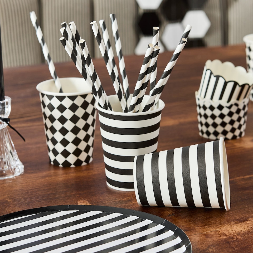 image 1 of Hootyballoo Monochrome Striped and Diamond Paper Cups - Pack of 8