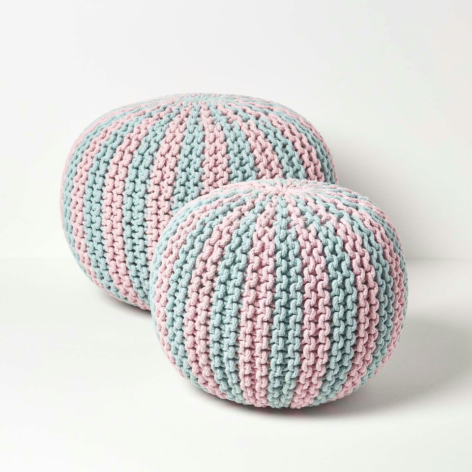 image 1 of Homescapes Pink and Blue Knitted Pouffe Striped Footstool - 35 x 40 cm