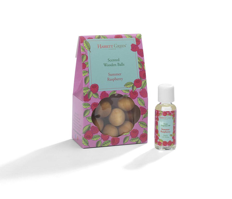 image 1 of Hassett Green London - Summer Raspberry - Scented Wooden Balls Pack of 12 plus 30ml Bottle of Home Fragrance Oil for Refreshing - Alternative to Pot Pourri, Diffusers, Sachets and Drawer Liners