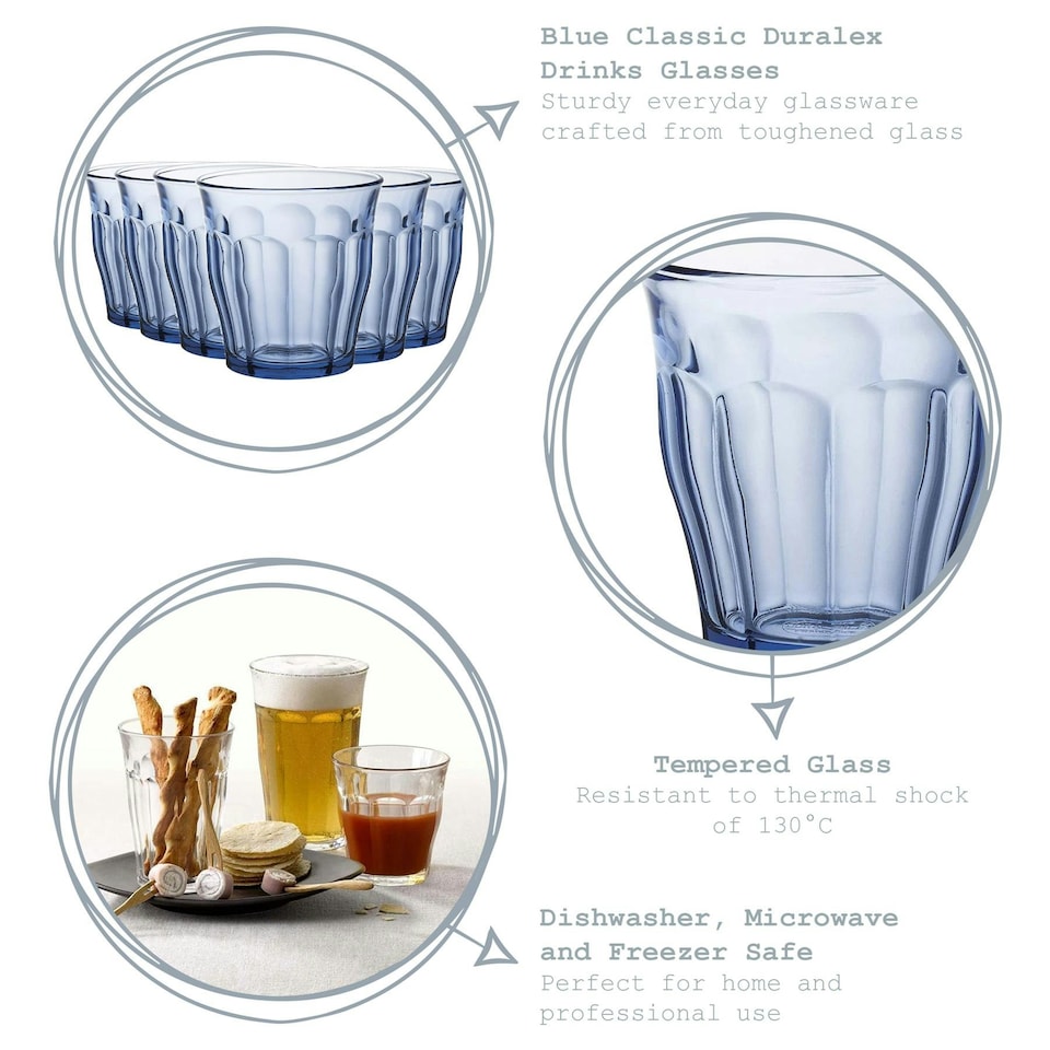 image 1 of Duralex Picardie Drinking Glasses - 310ml Tumblers for Water, Juice - Blue - Pack of 6 Blue