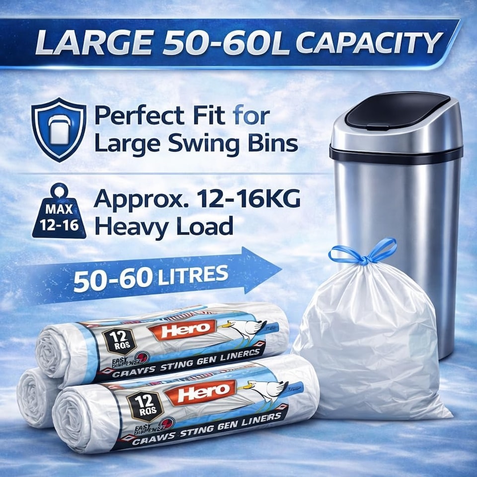 image 1 of Hero Swing Bin Bag Liners – 12 White Drawstring Refuse Sacks | Embossed Stretchable Strong Bin Bags 50–60L for Bathroom, Bedroom & Kitchen Bins
