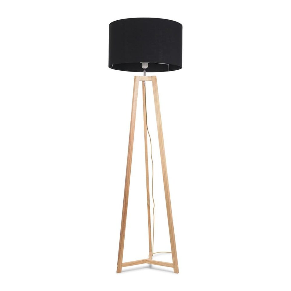 image 1 of ValueLights Lottie Natural Wood Tripod Floor Lamp Black Shade and Bulb