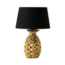 ValueLights Pineapple Painted Gold Table Lamp with Small Black Tapered Shade and E14 Golfball LED 4W Warm White 3000K Bulb | Black