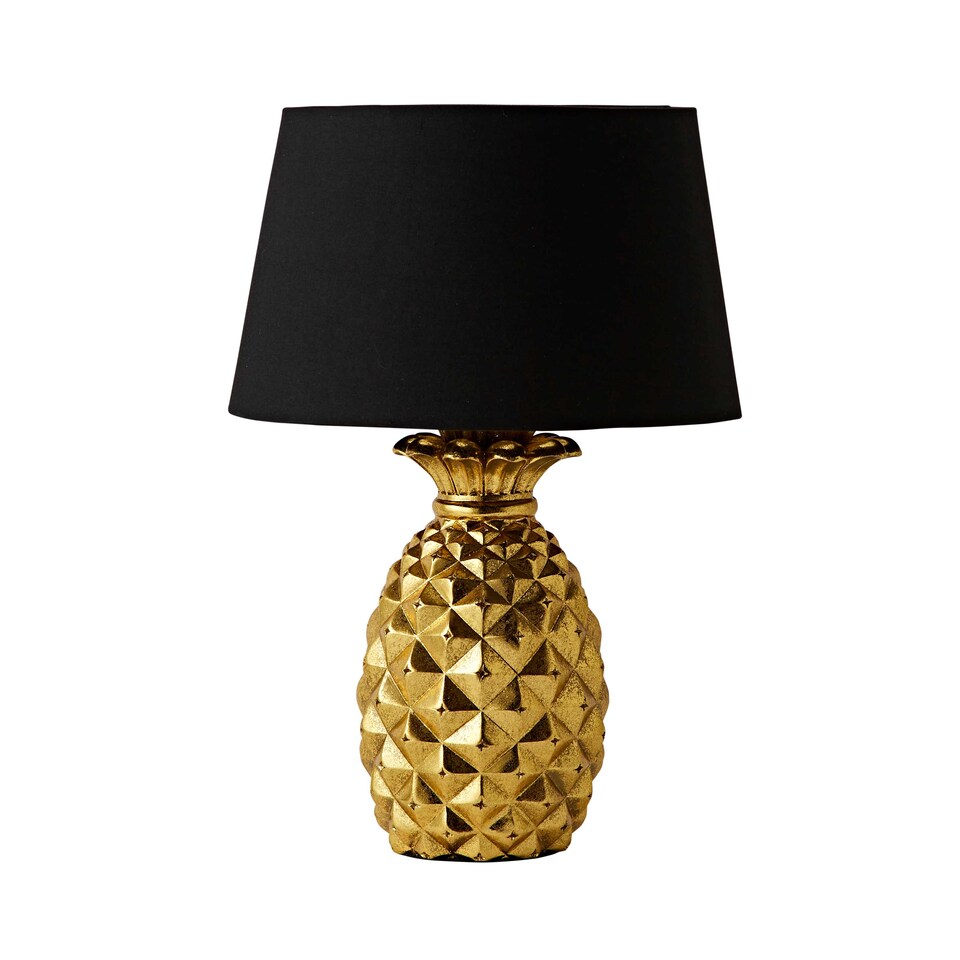 image 1 of ValueLights Pineapple Painted Gold Table Lamp with Small Black Tapered Shade and E14 Golfball LED 4W Warm White 3000K Bulb | Black