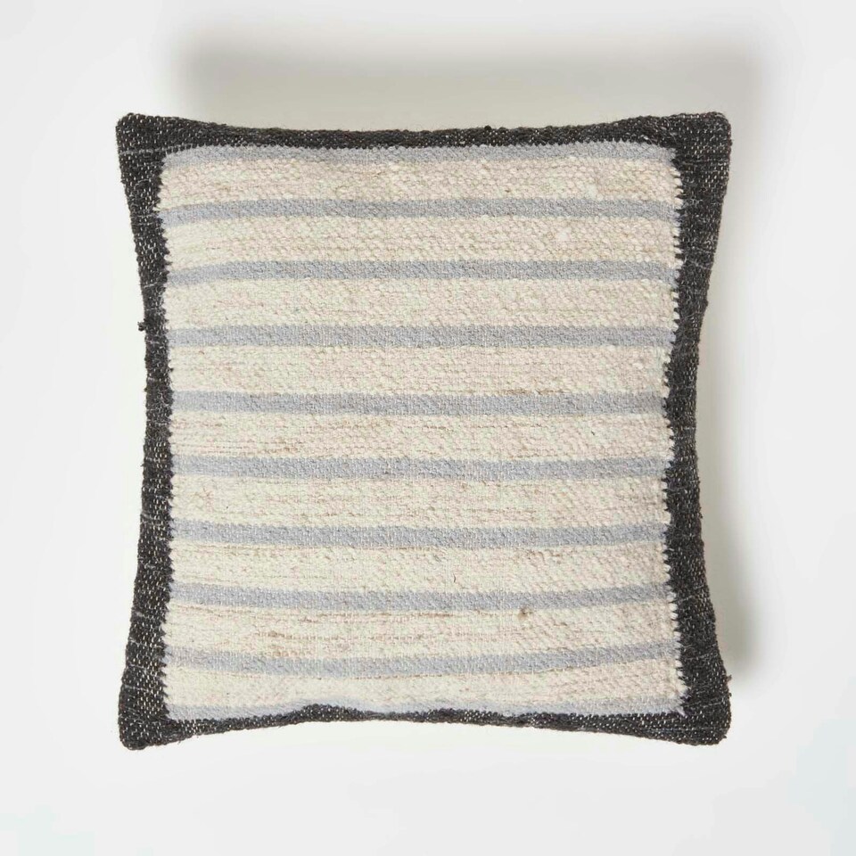 image 1 of Homescapes Veria Handwoven Grey Stripe Kilim Cushion - 45 x 45 cm Grey