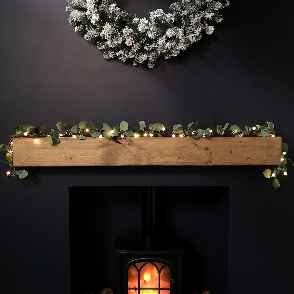 image 1 of 1.8m LED Artificial Eucalyptus Garland with Warm White Lights - Battery Operated Green Leaf Foliage for Indoor Christmas Decor