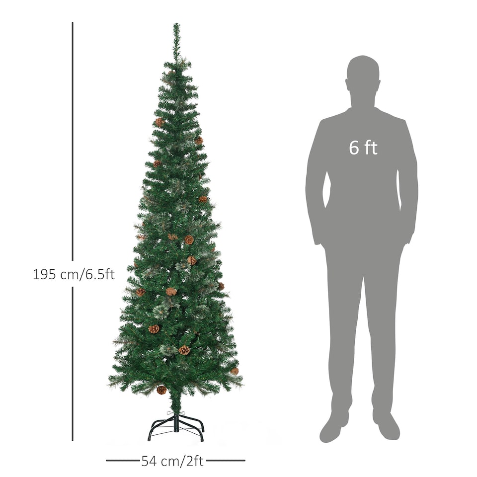 image 1 of HOMCOM 6.5FT Artificial Slim Christmas Tree Holiday Home Decor with Pine Cones