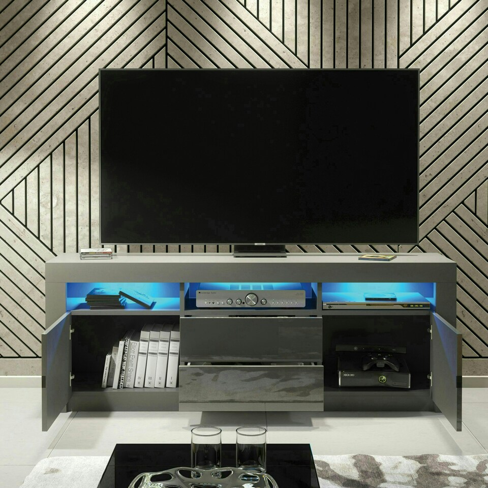 image 1 of TV Unit 160cm Grey Gloss Doors & Drawers Grey Matt Body Free LED Grey