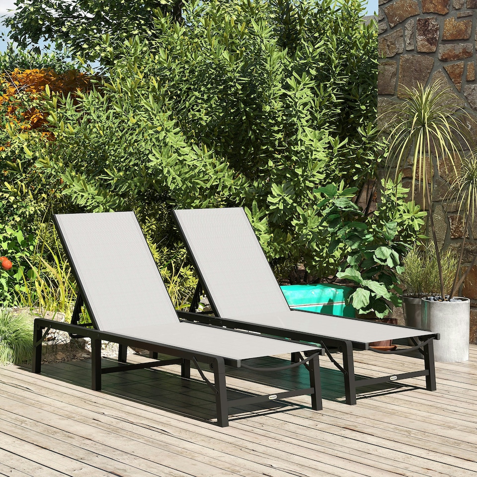 image 1 of Outsunny Folding Sun Lounger Set of 2, 5-Position Reclining Sun Bed | Grey