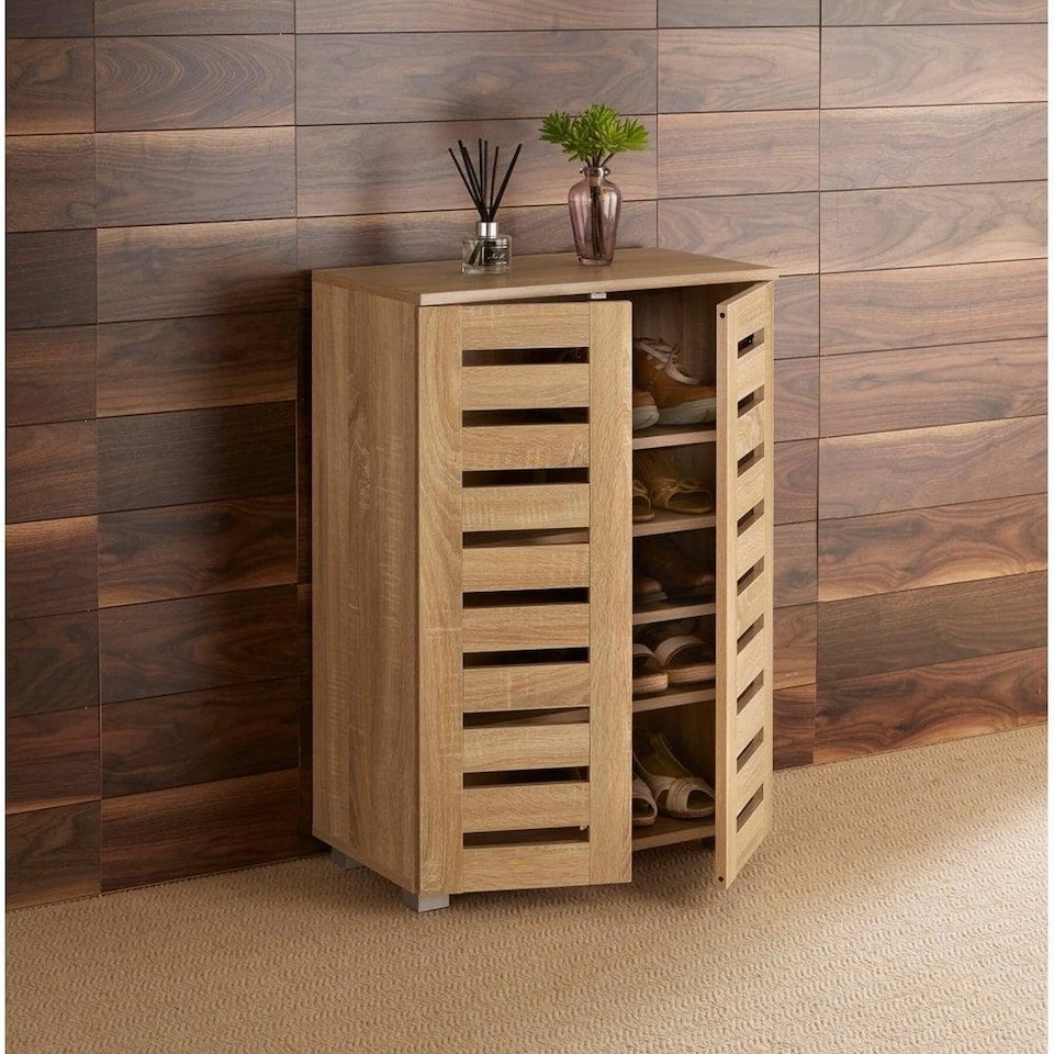 image 1 of Oslo 2 Door Wooden Shoe Storage Cabinet Rack Stand Cupboard Slatted Doors | Brown