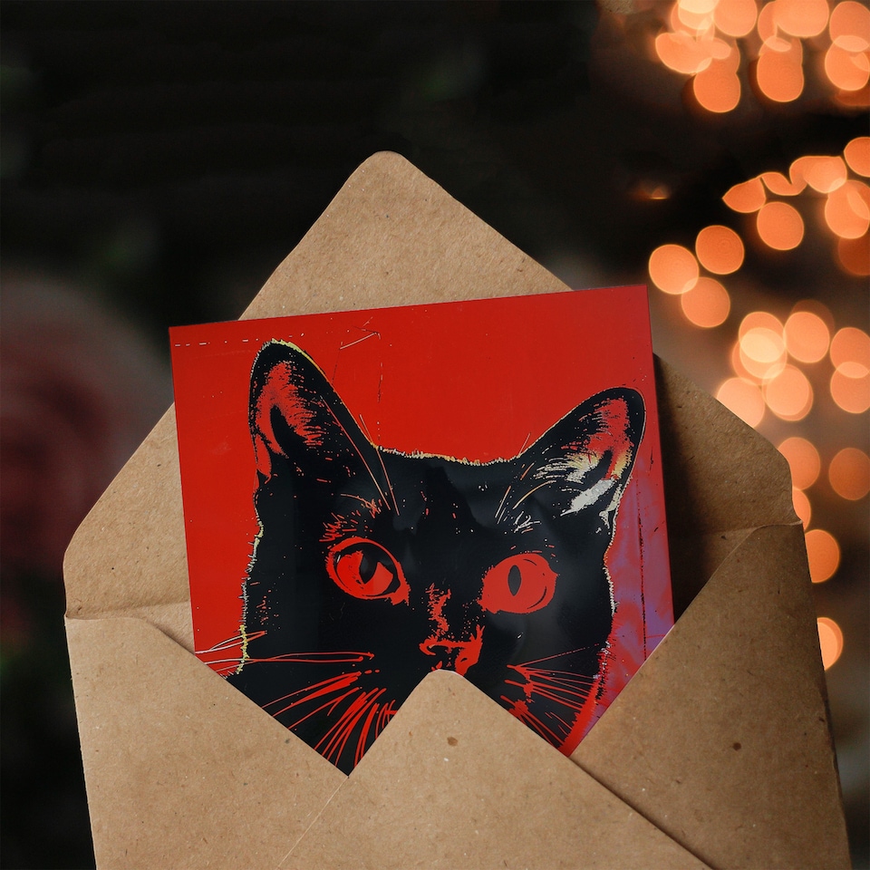 image 1 of Cat Lover Vibrant Red Black Retro Horror Portrait Halloween Card