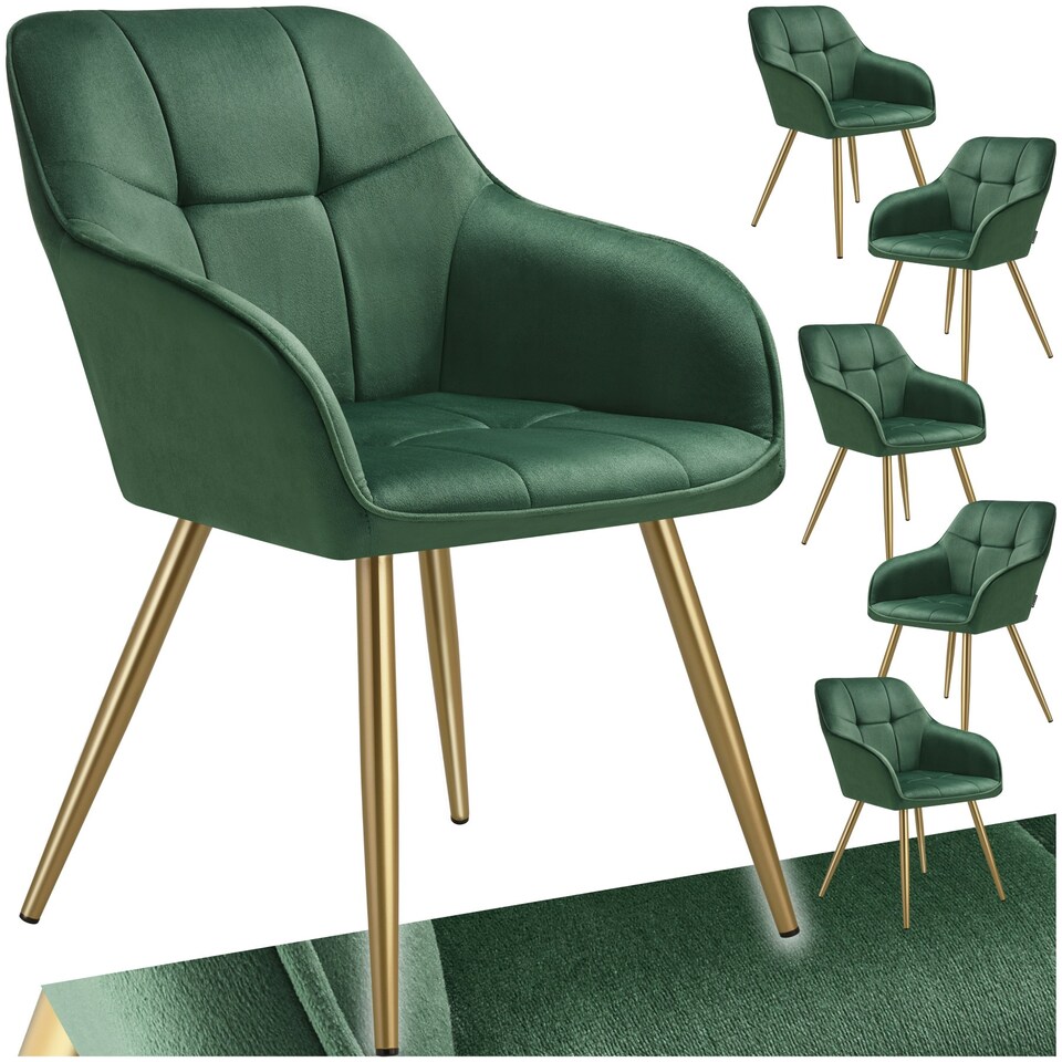 image 1 of Chair Marilyn - quilted velvet look, continuous backrest, golden steel legs - Set of 6 Green | Dark Green/Gold