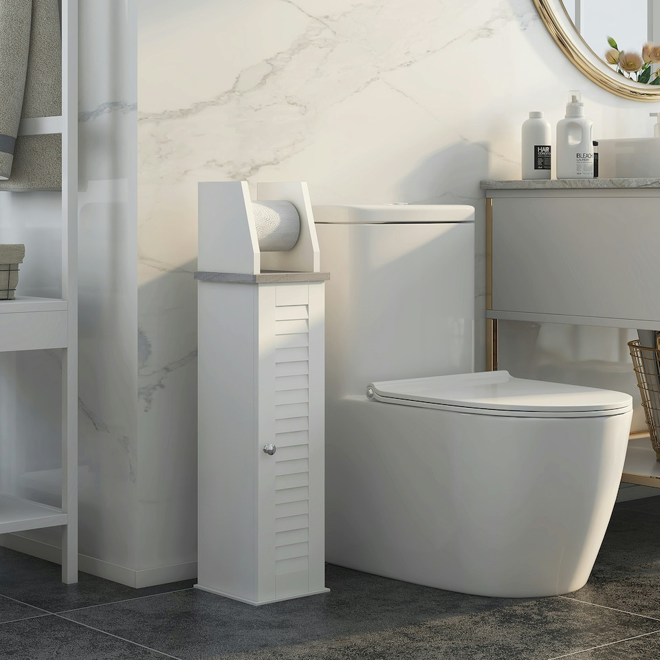 image 1 of kleankin Slim Toilet Roll Storage Unit with Cupboard and Adjustable Shelf, White