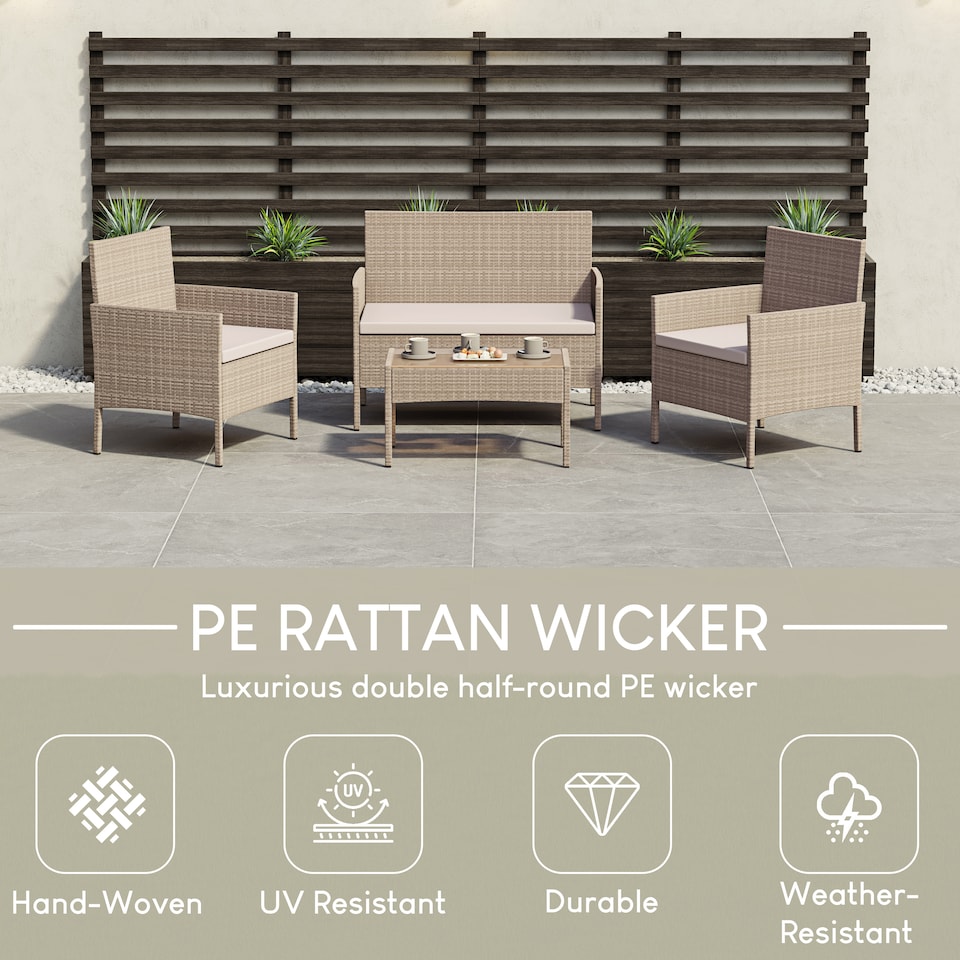 image 1 of Garden Vida Kendal 4 Seater Rattan Set Chair Sofa Coffee Table Outdoor Garden Furniture, Natural