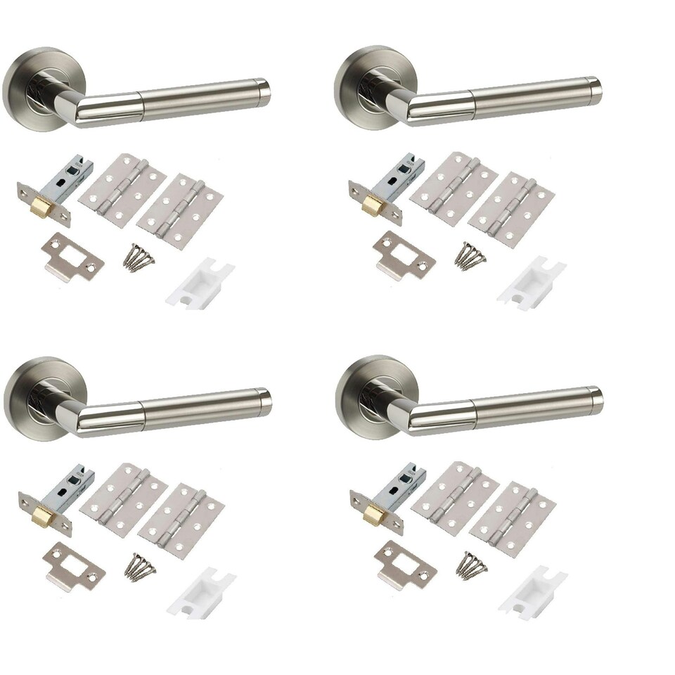 Golden Grace 4 Sets Mitred Style Modern Door Handles on Round Rose in Dual Finish with Latch | Grey | 4 Set