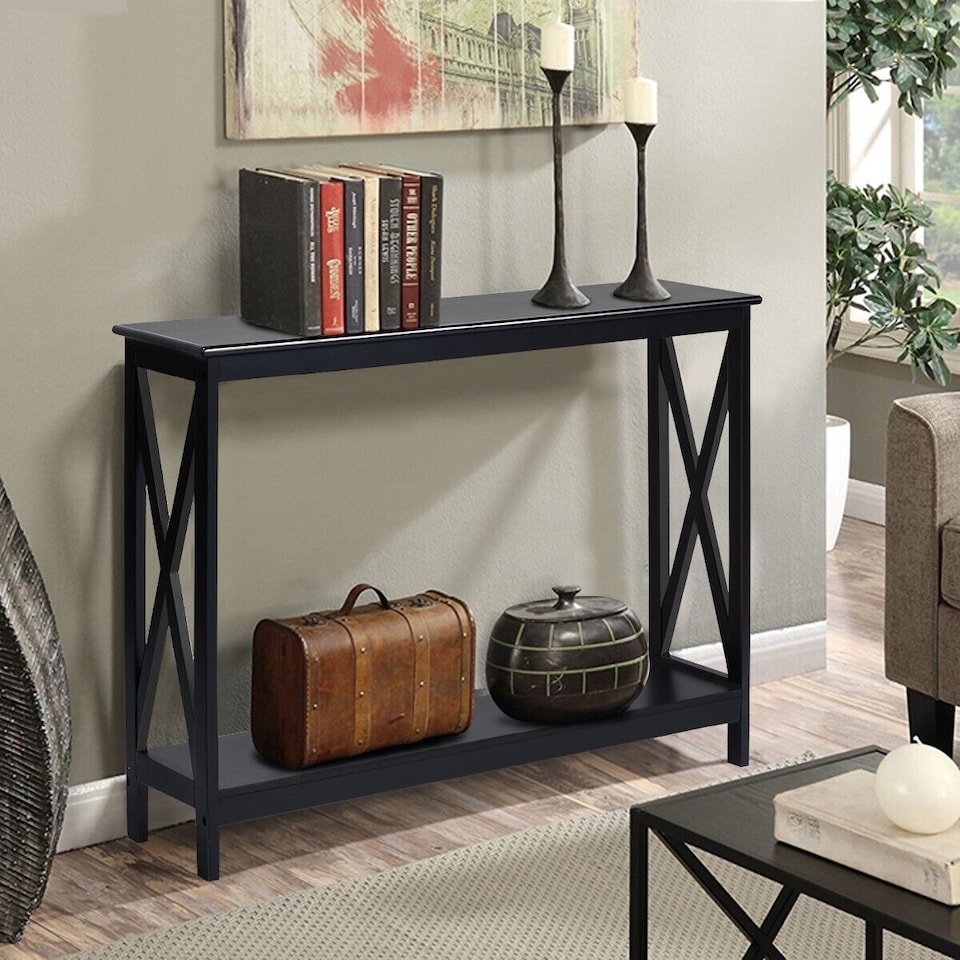 image 1 of COSTWAY 2-Tier X-design Wooden Hall Desk Side Table Black