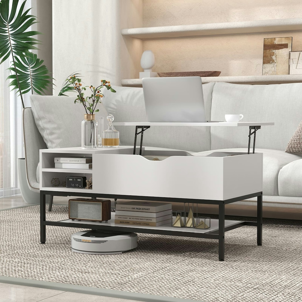 image 1 of COSTWAY Lift Top Coffee Table w/ Storage Shelf White White