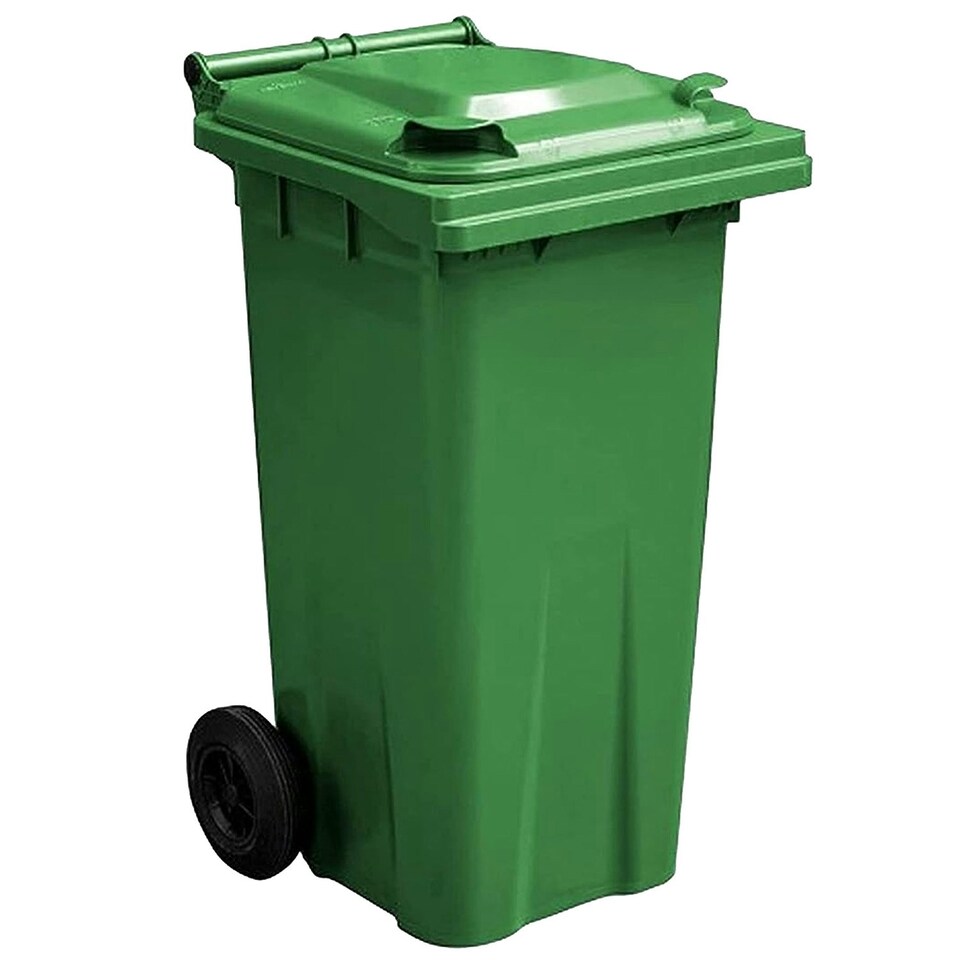 image 1 of 140L Green General Waste Recycling Trash Wheelie Bin With Lid, Handle & Wheels Green