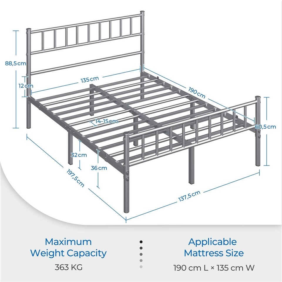 image 1 of Yaheetech 4ft6 Double Metal Bed Frame with Slatted Headboard Silver