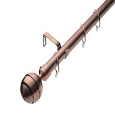 Lister Cartwright 28mm Antique Copper Extendable Metal Curtain Pole Set Rings with Ribbed Ball Finial (120 - 210 cm)