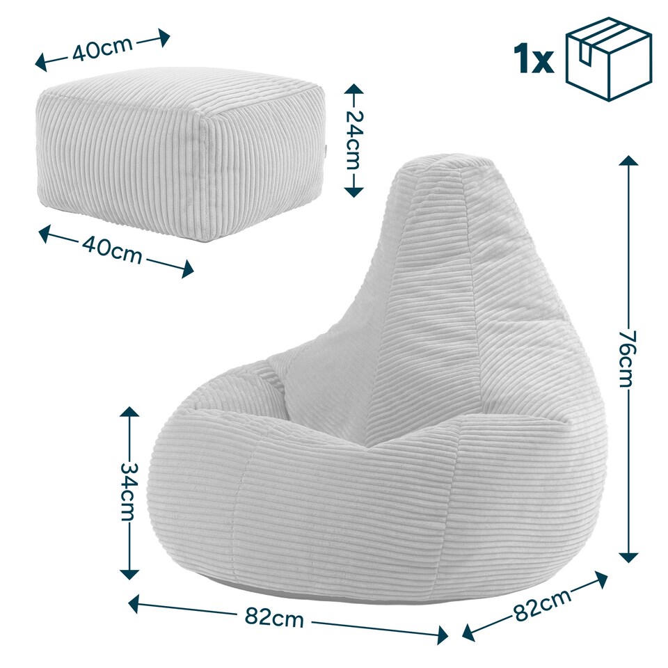 image 1 of Dalton Cord Adults Bean Bag Recliner and Pouffe, Ready Filled Beanbag and Footstool Sage Green | Green | Sage Green | 1