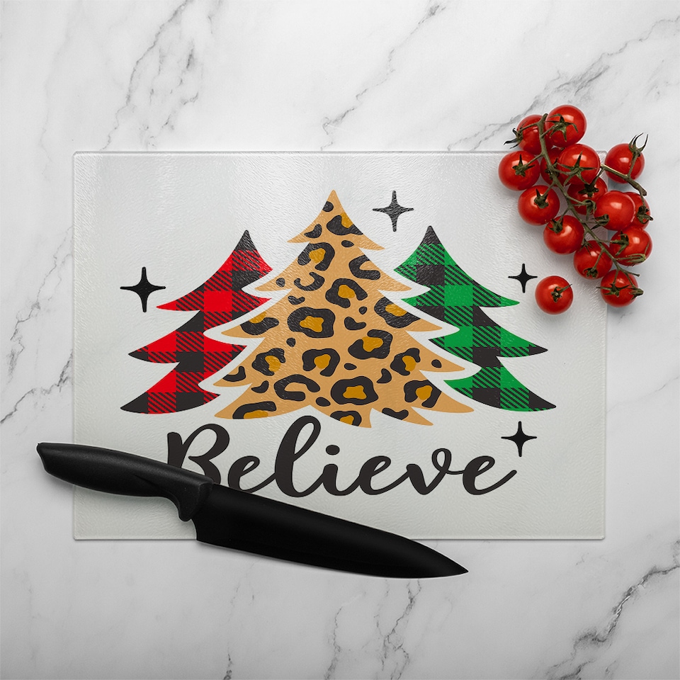 image 1 of Christmas Trees With Leopard Print Dining Glass Chopping Board | Multi