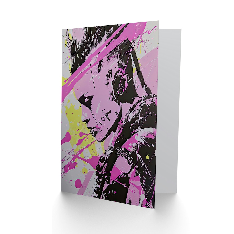 image 1 of Cyberpunk Woman Portrait Hot Pink Punk Skinhead Him Her Birthday Card