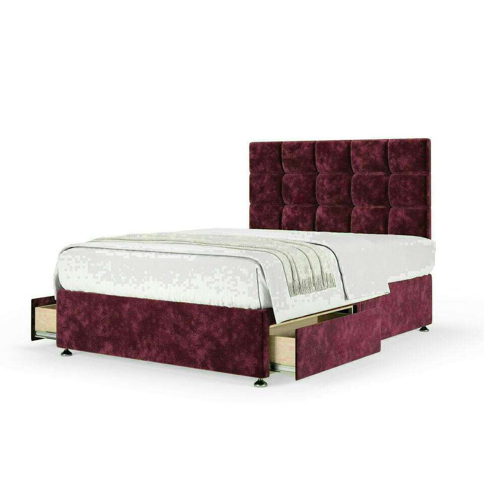 Aubergine Chenille 2 Drawer Divan Base and Pearl Headboard King Size