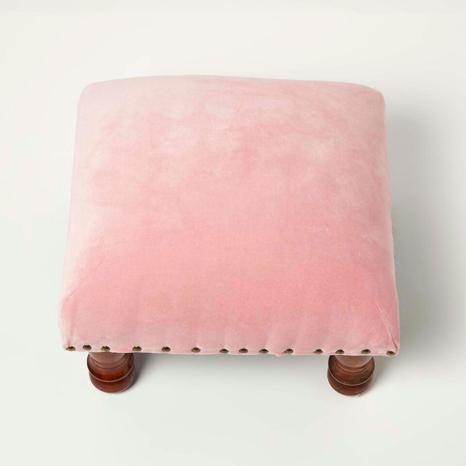 image 1 of Homescapes Mable Pink Velvet Square Footstool