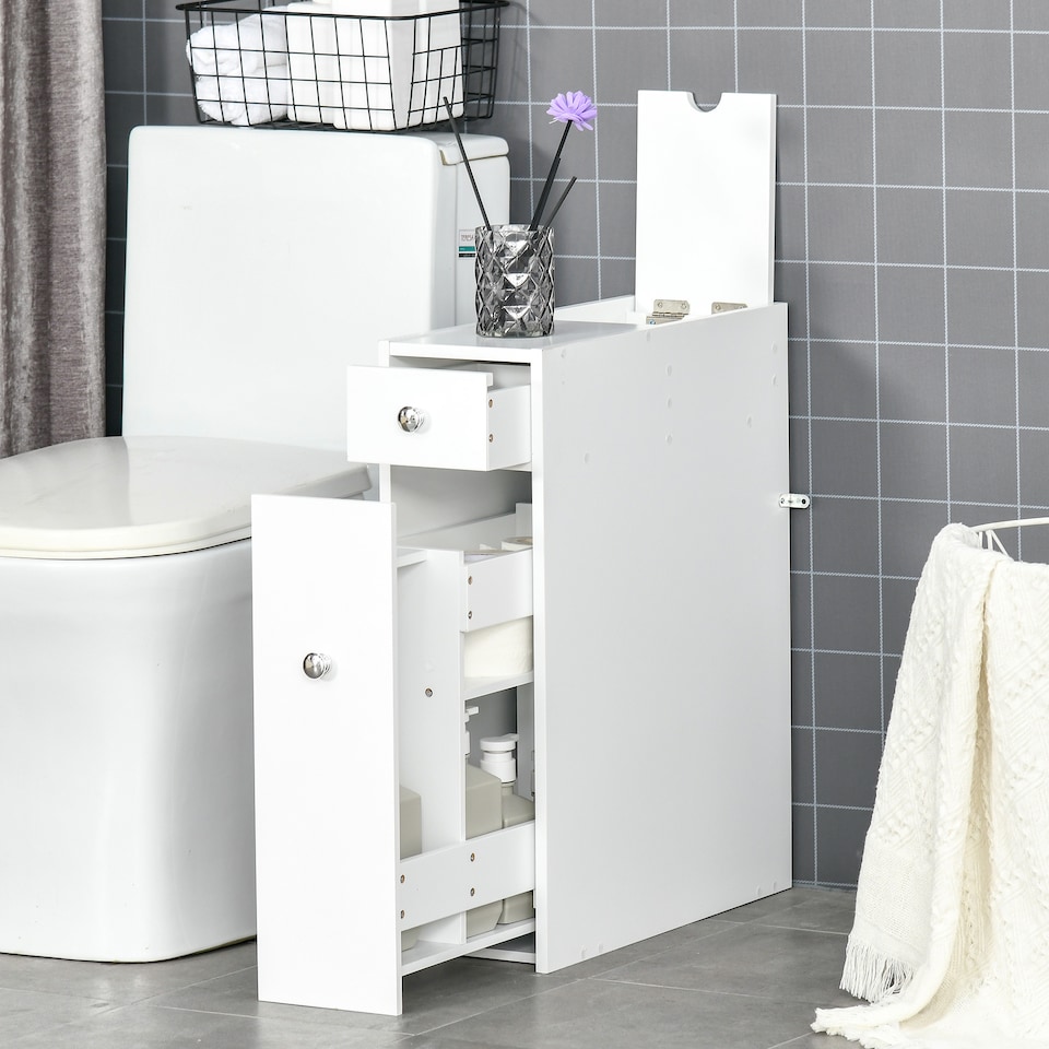 image 1 of HOMCOM Bathroom Slim Floor Cabinet Narrow Wooden Storage Home Bath Toilet Cupboard Organiser Unit with Drawers White