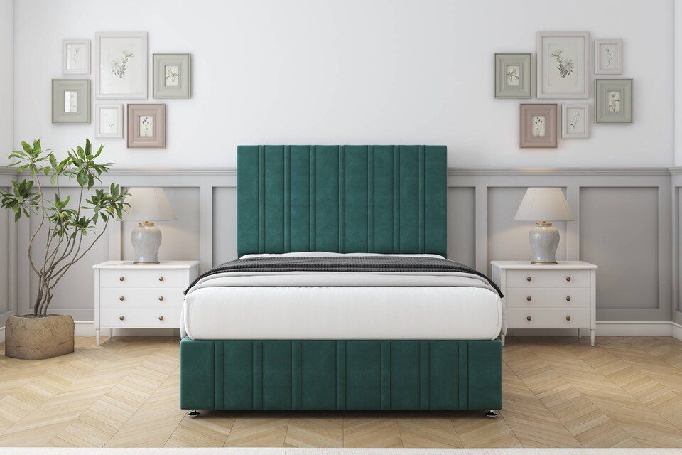 image 1 of Sloomy Langston Emerald Plush Divan Bed With Mattress 2 Drawers Footend With 54" Floor Standing Headboard & 12" Matching Footboard 6' Super King | Green | Emerald | Super King | 1