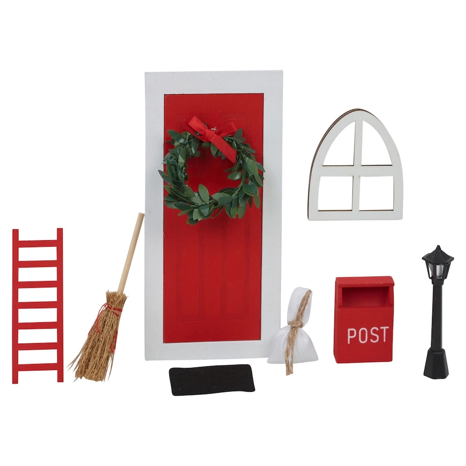 image 1 of 9Pcs Miniature Wooden Elf Christmas Village Scene Red & White Door Decoration | Multi | Multicoloured | Lamp Post
