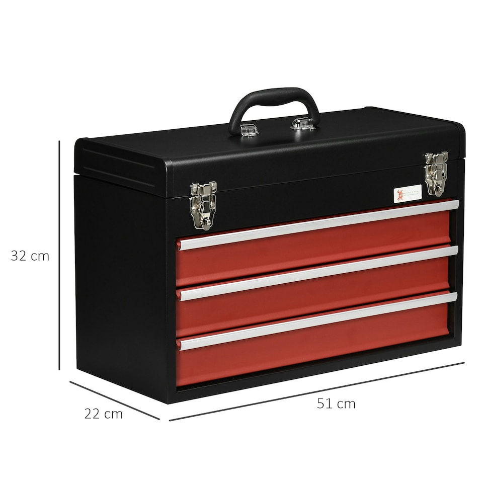 image 1 of DURHAND Lockable 3 Drawer Tool Chest with Ball Bearing Slide Drawers Black | Black | Red | 51cm x 22cm x 32cm | 1