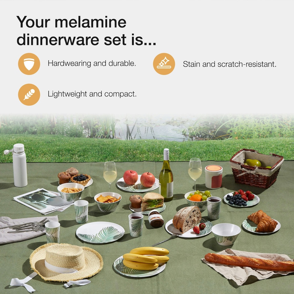 image 1 of VonShef Melamine Dinnerware Set, 16Pc Leaf Print Dinner Set