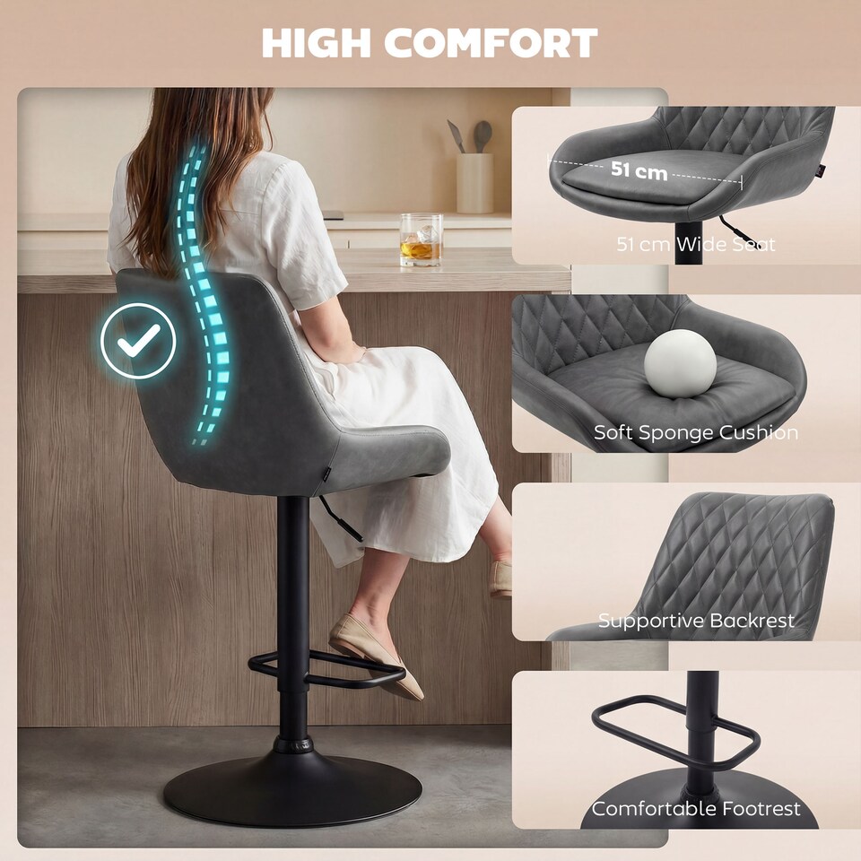 image 1 of HOMCOM PU Leather Padded Bar Stools Set of 2 with Metal Base, Dark Grey