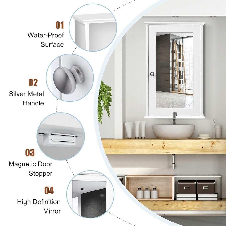 image 1 of COSTWAY Bathroom Mirror Cabinet Wall Mounted Storage White White