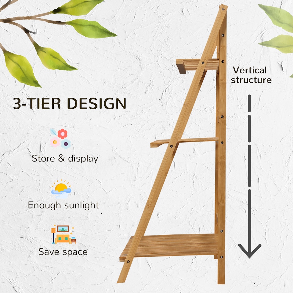 image 1 of Outsunny 3-Tier Folding Bamboo Plant Stand Display Rack for Indoor & Outdoor