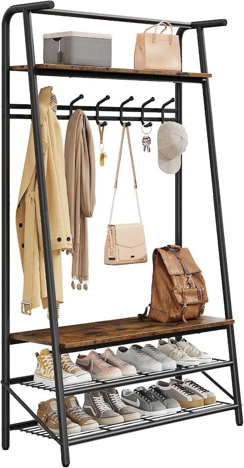 image 1 of London Boutique 4-in-1 Hall Tree with Bench and Shoe Rack, Double Coat Hooks, 60cm