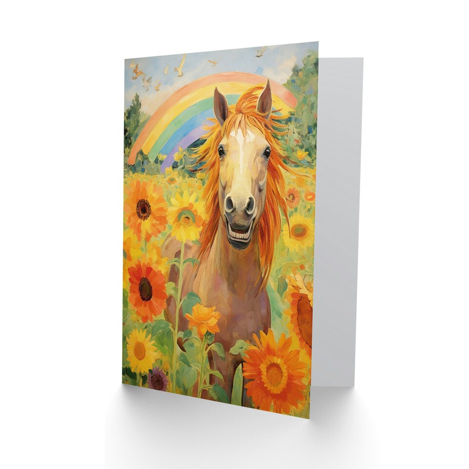 image 1 of Rainbow Boho Hippie Horse in Sunflower Field Birthday Card