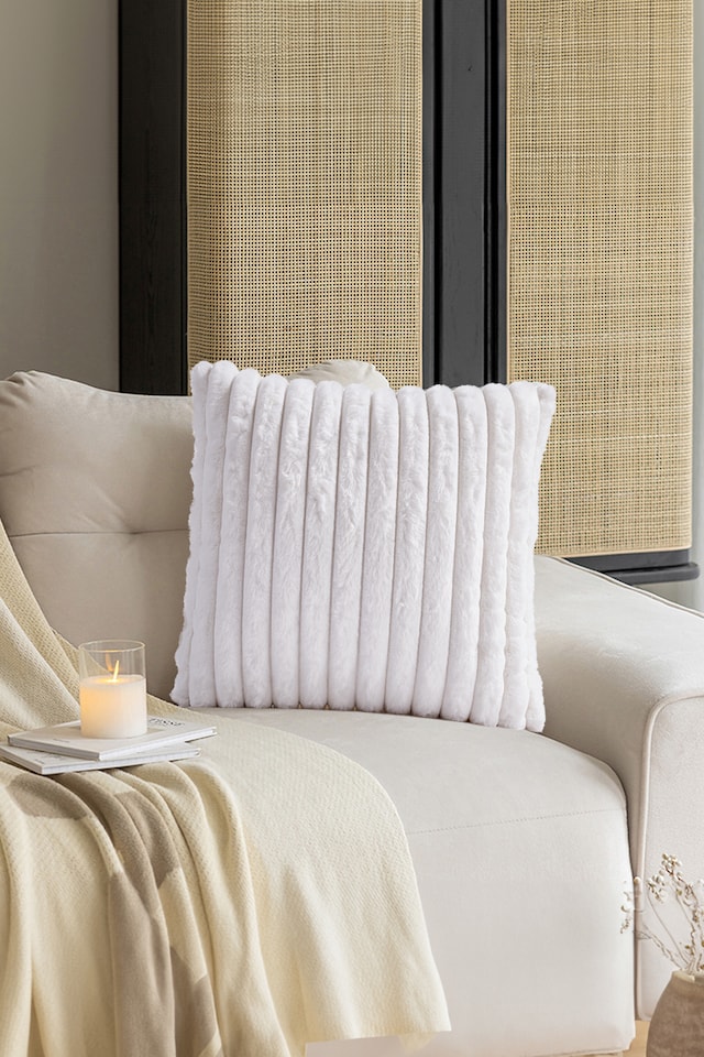 image 1 of Living and Home Striped Plush Sofa Throw pillow with Insert,White | White
