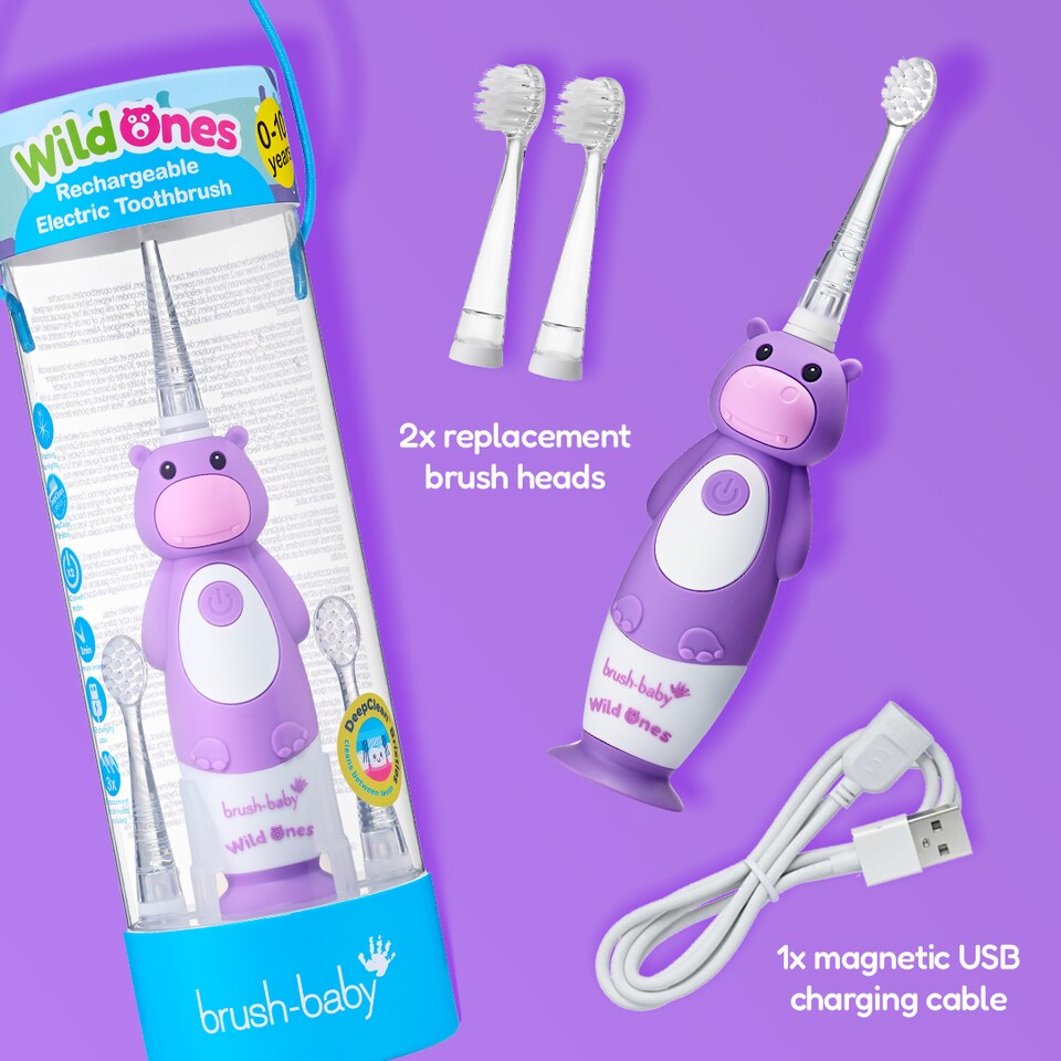 image 1 of Brush Baby WildOnes Hippo Kids Electric Rechargeable Toothbrush