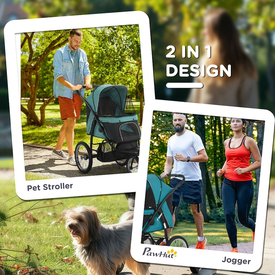 image 1 of PawHut 3 Wheel Pet Stroller, for Medium Small Dogs, Foldable Cat Pram - Green