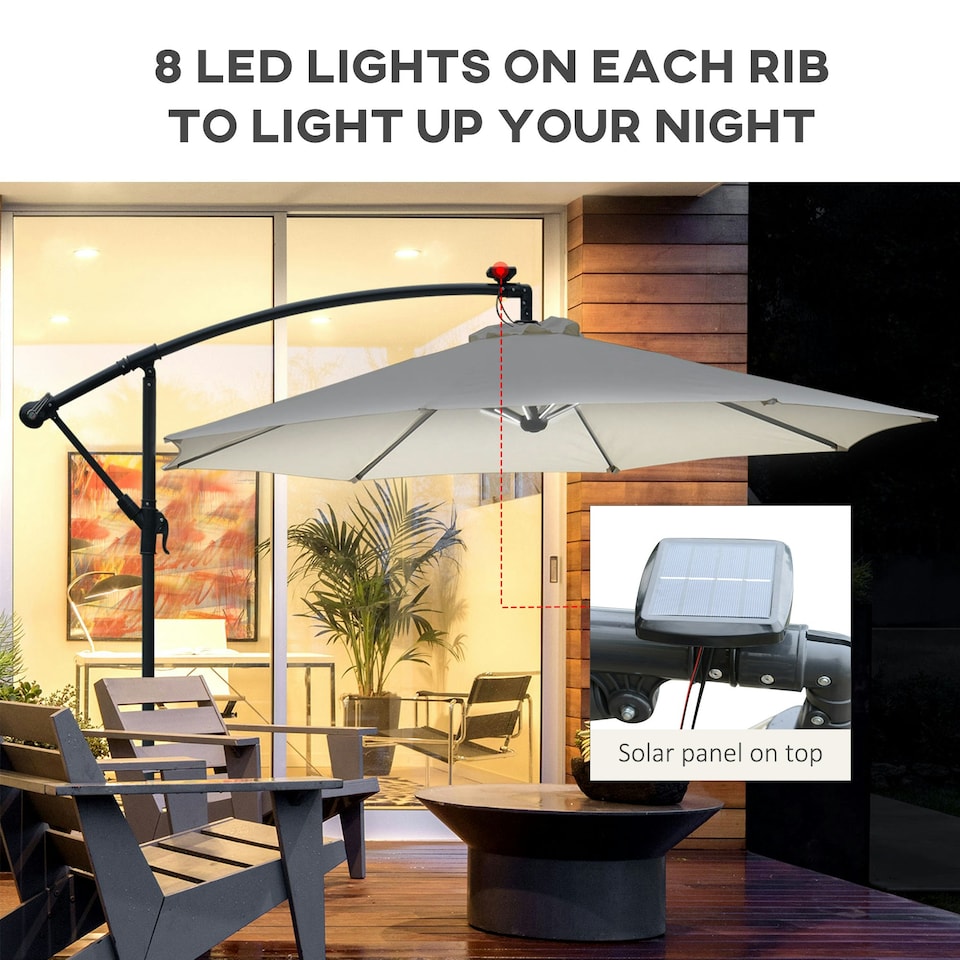 image 1 of Outsunny 3(m) LED Patio Banana Umbrella Cantilever Parasol w/ Crank, Off-White