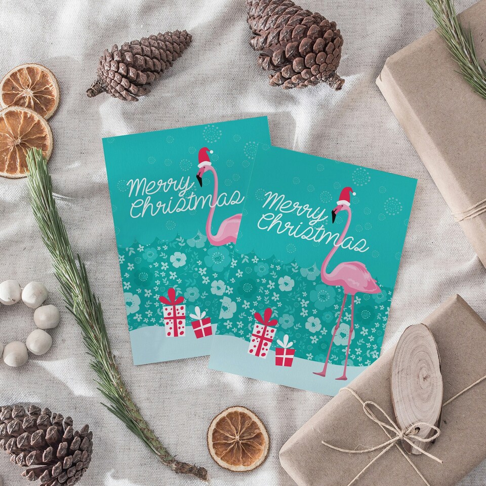 image 1 of Flamingo in Santa Hat Christmas Cards Set of 8 - A6 Size - Floral Snowflakes