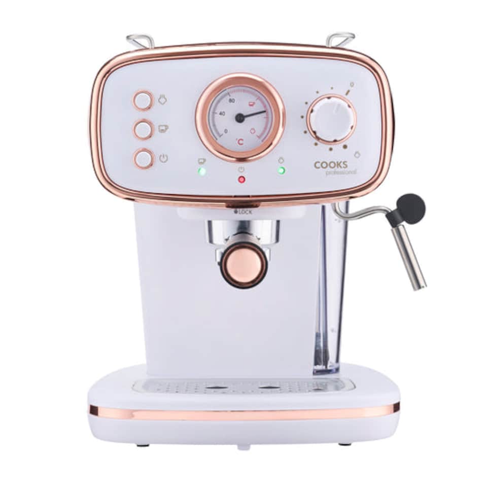 image 1 of Cooks Professional 15-Bar Retro Espresso Coffee Machine 1.2L with Frothing Steam Wand | White | White & Copper