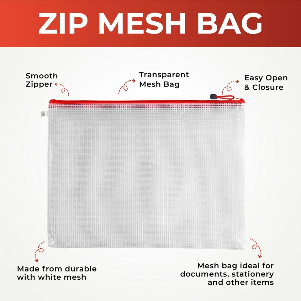 image 1 of Pack of 12 A3 Red Zip Strong Mesh Bags - Tough Waterproof Storage
