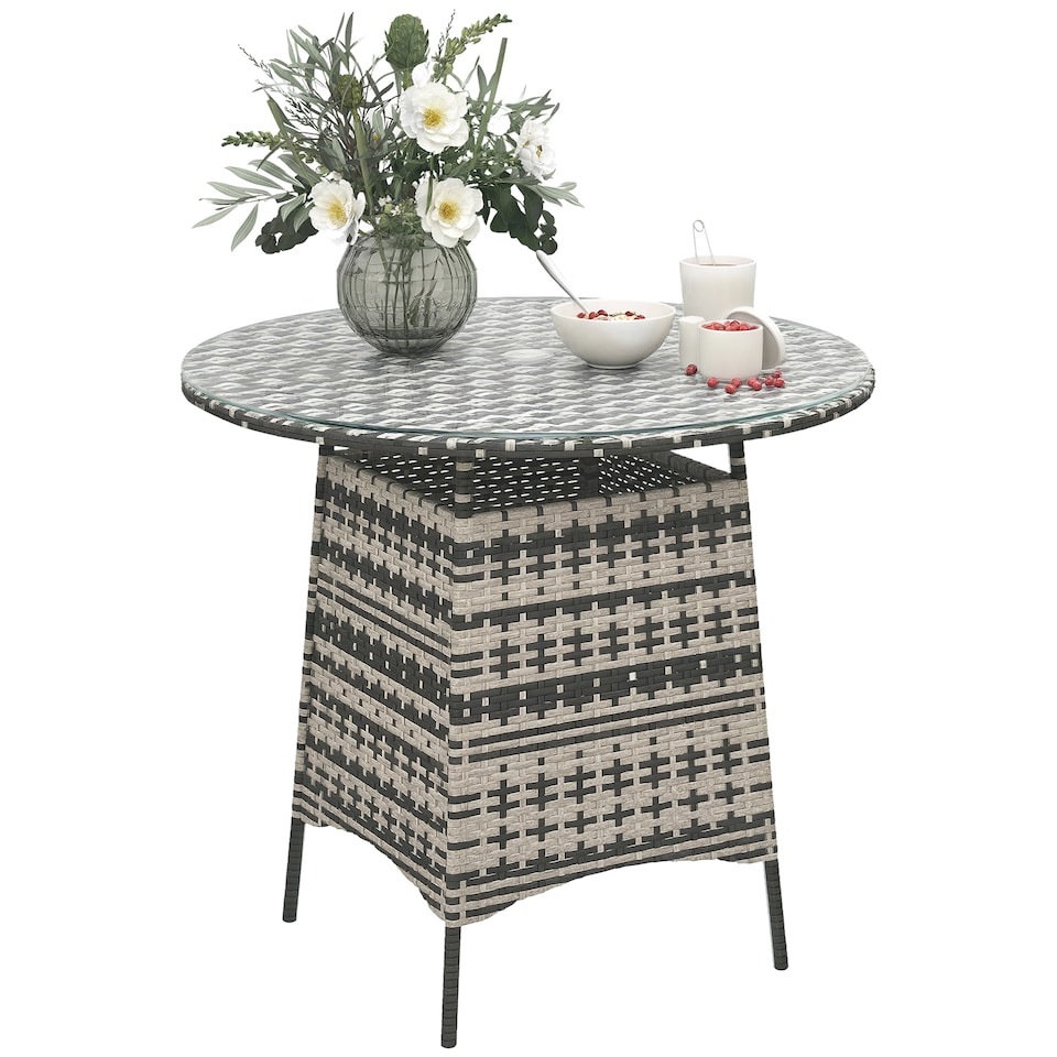 image 1 of Outsunny Wicker Garden Rattan Table, Patio Furniture Outdoor Coffee Table with Umbrella Hole and Tempered Glass Top, Grey | Grey | Grey