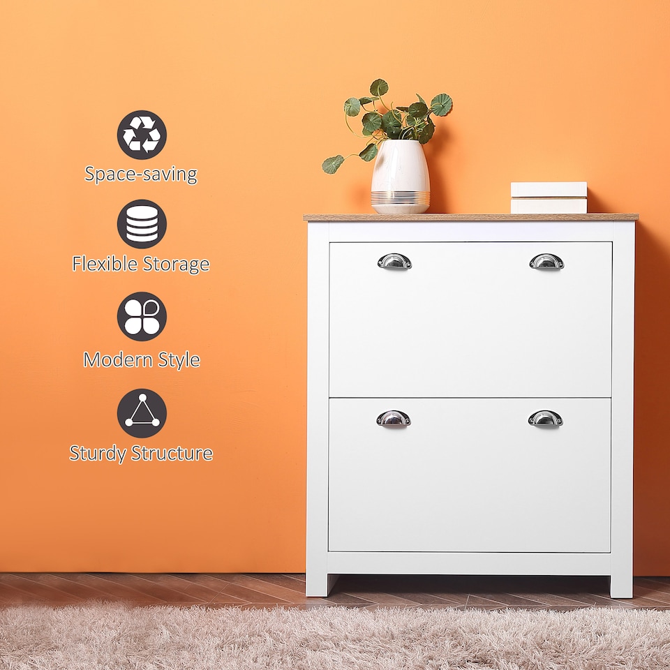 image 1 of HOMCOM 2 Drawer Shoe Cabinet Modern Narrow Shoe Cupboard Hallway Wooden Storage Organiser with Flip Doors Adjustable Shelf for 6-12 Pairs, White