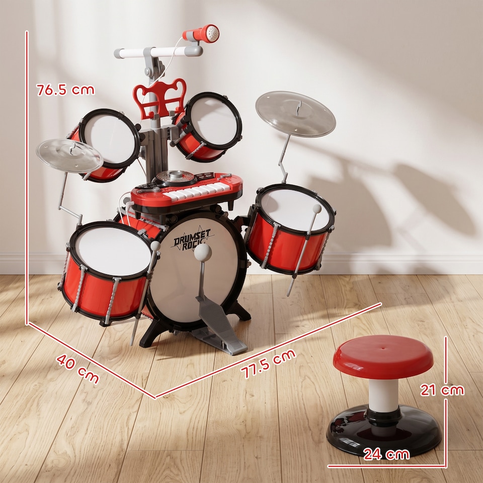 image 1 of HOMCOM Kids Drum Set for Beginners with Stool, Educational Musical Toy, Red